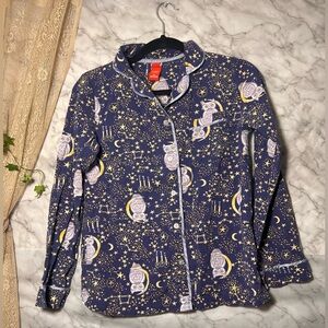Celestial Night Owl Moon 100% Cotton Pajama Top Sparkle Buttons XS